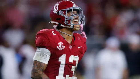 Malachi Moore #13 of the Alabama Crimson Tide reacts during the third quarter against the Georgia Bulldogs at Bryant-Denny Stadium on September 28, 2024 in Tuscaloosa, Alabama.
