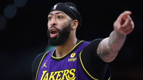 Anthony Davis #3 of the Los Angeles Lakers directs a play during the first half of a game against the Philadelphia 76ers
