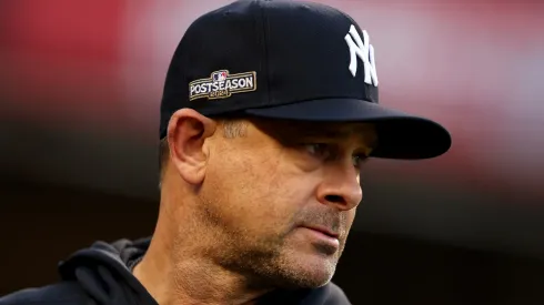 Aaron Boone #17 of the New York Yankees looks on during a workout prior to the 2024 ALDS at Yankee Stadium on October 01, 2024 in the Bronx borough of New York City. 
