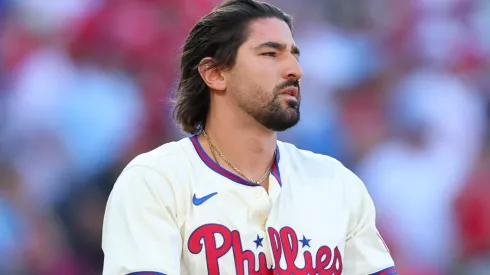 Nick Castellanos #8 of the Philadelphia Phillies reacts after striking out during the first inning against the New York Mets in Game Two of the Division Series at Citizens Bank Park on October 06, 2024 in Philadelphia, Pennsylvania.