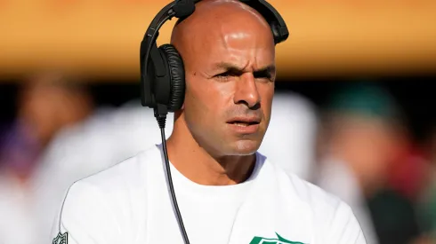  Robert Saleh, head coach of the New York Jets, looks on before playing the San Francisco 49ers at Levi's Stadium on September 09, 2024 in Santa Clara, California.
