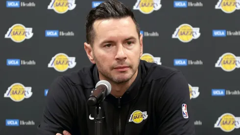 Head coach JJ Redick of the Los Angeles Lakers speaks with media prior to the game against the Phoenix Suns at Acrisure Arena on October 06, 2024 in Palm Springs, California.