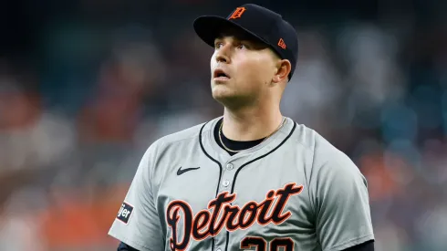 Tarik Skubal #29 of the Detroit Tigers walks off the field after the second inning against the Houston Astros during Game One of the Wild Card Series at Minute Maid Park on October 01, 2024 in Houston, Texas.
