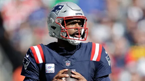 Jacoby Brissett #7 of the New England Patriots looks to pass during the first half against the Miami Dolphins at Gillette Stadium on October 06, 2024 in Foxborough, Massachusetts. 
