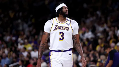 Anthony Davis #3 of the Los Angeles Lakers reacts to a play during the first quarter against the Phoenix Suns at Acrisure Arena on October 06, 2024 in Palm Springs, California.