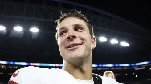 Brock Purdy #13 of the San Francisco 49ers reacts after defeating the Seattle Seahawks 36-24 at Lumen Field on October 10, 2024 in Seattle, Washington.
