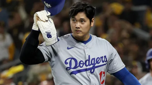 Shohei Ohtani #17 of the Los Angeles Dodgers after thrown out at home plate in the fourth inning during Game Four of the Division Series against the San Diego Padres at Petco Park on October 09, 2024 in San Diego, California.
