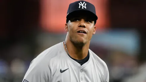 Juan Soto #22 of the New York Yankees looks on prior to the game against the Kansas City Royals during Game Four of the Division Series at Kauffman Stadium on October 10, 2024 in Kansas City, Missouri.
