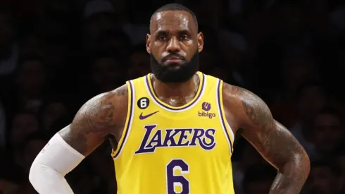 LeBron James #6 of the Los Angeles Lakers reacts to a foul during the first quarter against the Denver Nuggets in game four of the Western Conference Finals at Crypto.com Arena on May 22, 2023 in Los Angeles, California. 
