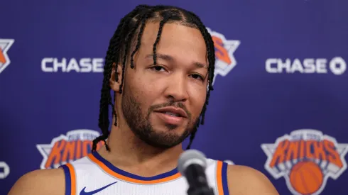 Jalen Brunson #11 of the New York Knicks speaks at a press conference during media day
