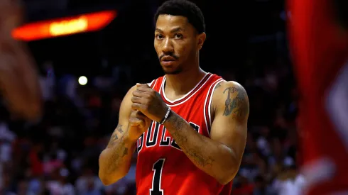 Derrick Rose playing for the Chicago Bulls looks on during a game against the Miami Heat at American Airlines Arena on April 7, 2016
