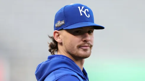 Bobby Witt Jr. #7 of the Kansas City Royals looks on prior to Game Two of the Division Series against the New York Yankees at Yankee Stadium on October 07, 2024 in New York City.
