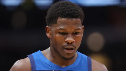 Anthony Edwards #5 of the Minnesota Timberwolves looks on during a preseason game against the Chicago Bulls
