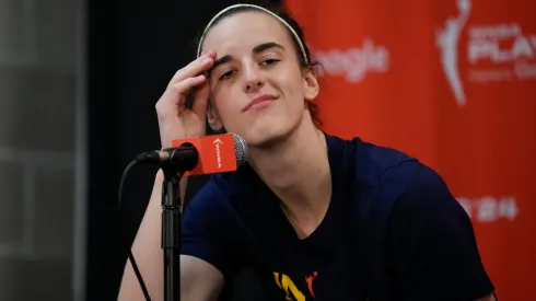 Caitlin Clark #22 of the Indiana Fever looks on during a press conference after losing 81-87 to the Connecticut Sun in Game Two of the 2024 WNBA Playoffs first round at Mohegan Sun Arena on September 25, 2024 in Uncasville, Connecticut.
