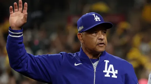Manager Dave Roberts after Shohei Ohtani #17 of the Los Angeles Dodgers is thrown out at home plate in the fourth inning during Game Four of the Division Series against the San Diego Padres at Petco Park on October 09, 2024 in San Diego, California.