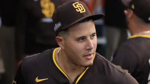 Manny Machado #13 of the San Diego Padres looks on before Game Five of the Division Series against the Los Angeles Dodgers at Dodger Stadium on October 11, 2024 in Los Angeles, California.
