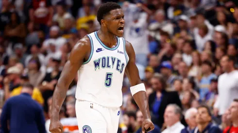 Anthony Edwards #5 of the Minnesota Timberwolves celebrates a three point basket
