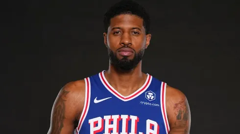 Paul George #8 of the Philadelphia 76ers poses for a picture at media day at 76ers Training Complex on September 30, 2024 in Camden, New Jersey. 
