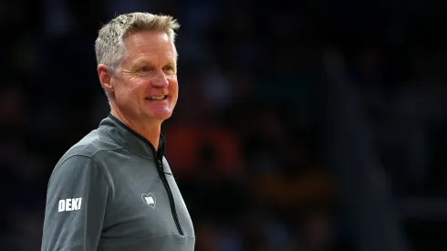 Head coach Steve Kerr of the Golden State Warriors reacts during the second half of the game against the Charlotte Hornets
