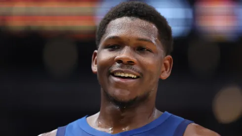 Anthony Edwards #5 of the Minnesota Timberwolves reacts against the Chicago Bulls