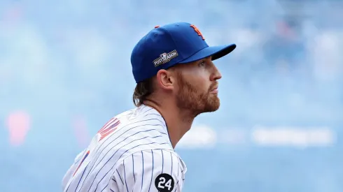 Brandon Nimmo #9 of the New York Mets takes the field before Game Four of the Division Series against the Philadelphia Phillies at Citi Field on October 09, 2024 in New York City.
