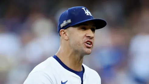 Jack Flaherty #0 of the Los Angeles Dodgers reacts in the first inning against the San Diego Padres during Game Two of the Division Series at Dodger Stadium on October 06, 2024 in Los Angeles, California. (Photo by Harry How/Getty Images)
