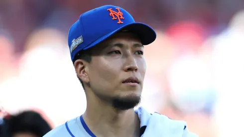 Kodai Senga #34 of the New York Mets walks to the dugout before Game One of the Division Series against the Philadelphia Phillies at Citizens Bank Park on October 05, 2024 in Philadelphia, Pennsylvania. 
