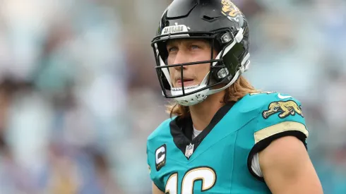 Quarterback Trevor Lawrence #16 of the Jacksonville Jaguars looks on during the first half against the Indianapolis Colts at EverBank Stadium on October 06, 2024 in Jacksonville, Florida.
