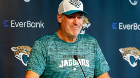 Jacksonville Jaguars head coach Doug Pederson addresses the media before a joint practice between the Tampa Bay Buccaneers and the Jacksonville Jaguars on August 15, 2024 at the Miller Electric Center in Jacksonville, Fl.