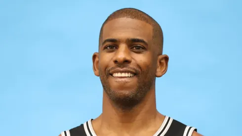 Chris Paul #3 of the San Antonio Spurs poses for photographs at the San Antonio Spurs Media Day at the Victory Capital Performance Center on September 30, 2024 in San Antonio, Texas.