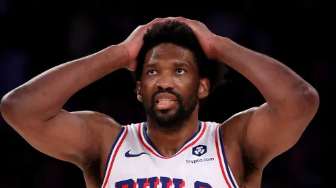 Joel Embiid #21 of the Philadelphia 76ers reacts after he turned the ball over to the New York Knicks during the second half at Madison Square Garden on April 30, 2024 in New York City. The Philadelphia 76ers defeated the New York Knicks 112-106 in overtime.