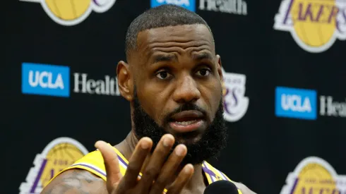 LeBron James #23 of the Los Angeles Lakers speaks during a Los Angeles Lakers media day at UCLA Health Training Center on September 30, 2024 in El Segundo, California.