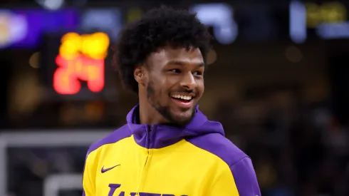 Bronny James #9 of the Los Angeles Lakers looks on during warm ups prior to the game against the Phoenix Suns