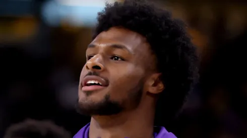 Bronny James #9 of the Los Angeles Lakers looks on during warm ups prior to the game against the Phoenix Suns at Acrisure Arena on October 06, 2024 in Palm Springs, California. 
