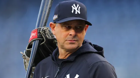 Manager Aaron Boone of the New York Yankees looks on during warm ups before playing the Cleveland Guardians in Game One of the Championship Series at Yankee Stadium on October 14, 2024 in New York City. 
