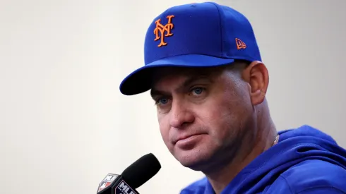 Manager Carlos Mendoza of the New York Mets speaks to the media during a press conference before Game Three of the Division Series against the Philadelphia Phillies at Citi Field on October 08, 2024 in the Queens borough of New York City.