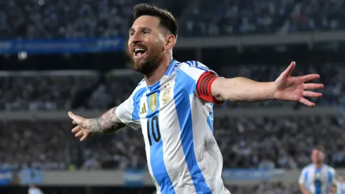 Lionel Messi of Argentina celebrates after scoring the first goal against Bolivia
