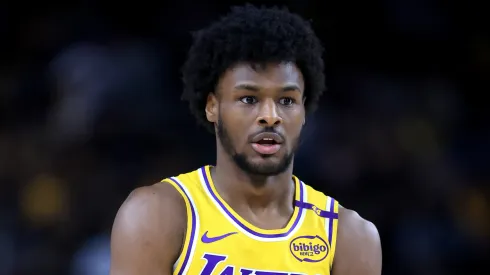 Bronny James #9 of the Los Angeles Lakers looks onduring the first half of a game against the Minnesota Timberwolves
