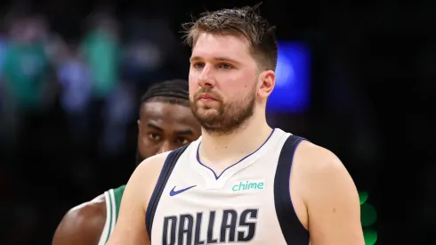 Luka Doncic #77 of the Dallas Mavericks looks on during the fourth quarter of Game Five of the 2024 NBA Finals against the Boston Celtics at TD Garden.
