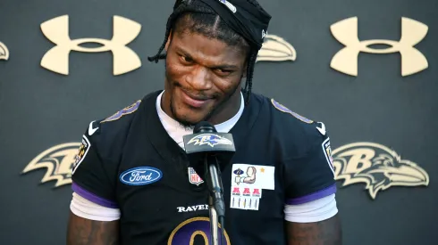 Baltimore Ravens quarterback Lamar Jackson takes questions after practice at the Under Armour Performance Center on Wednesday, Oct. 9, 2024, in Owings Mills, Maryland.
