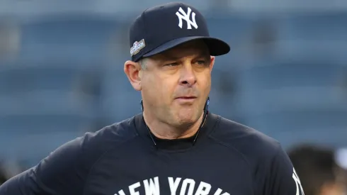 Manager Aaron Boone #17 of the New York Yankees looks on during batting practice prior to Game Two of the Division Series against the Kansas City Royals at Yankee Stadium on October 07, 2024 in New York City.
