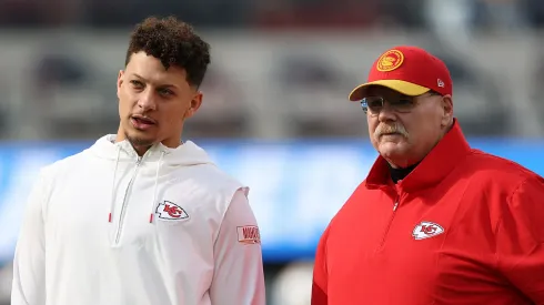 Patrick Mahomes #15 of the Kansas City Chiefs and head coach Andy Reid speak before a game against the Los Angeles Chargers at SoFi Stadium on January 07, 2024 in Inglewood, California.
