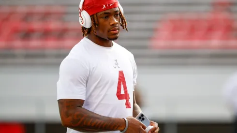 Alabama vs Wisconsin SEP 14 September 14, 2024: Alabama Crimson Tide quarterback Jalen Milroe (4) warming up before the NCAA Football game between the Alabama Crimson Tide and the Wisconsin Badgers at Camp Randall Stadium in Madison, WI.
