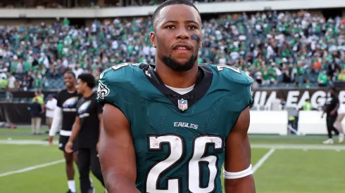 Saquon Barkley #26 of the Philadelphia Eagles looks on after their 20-16 win over the Cleveland Browns at Lincoln Financial Field on October 13, 2024 in Philadelphia, Pennsylvania.
