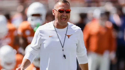 Head coach Steve Sarkisian of the Texas Longhorns watches players warm up before the game against the Mississippi State Bulldogs at Darrell K Royal-Texas Memorial Stadium on September 28, 2024 in Austin, Texas.
