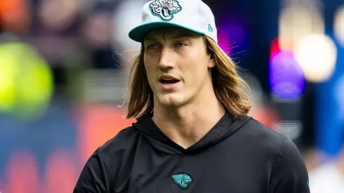 Jacksonville Jaguars Quarterback Trevor Lawrence (16) warming up before the International Series match between Jacksonville Jaguars and Chicago Bears at Tottenham Hotspur Stadium, London, United Kingdom on 13 October 2024.
