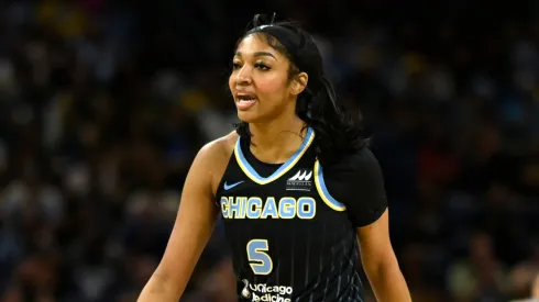 Angel Reese #5 of the Chicago Sky reacts after scoring in the first half against the Indiana Fever
