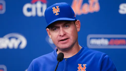 Carlos Mendoza of the New York Mets speaks during a press conference before the game against the New York Yankees at Citi Field.