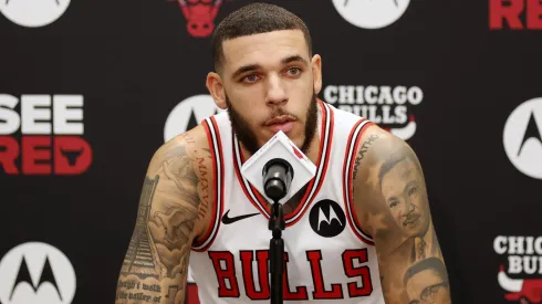 Lonzo Ball #2 of the Chicago Bulls speaks to the media during Chicago Bulls Media Day at Advocate Center on September 30, 2024 in Chicago, Illinois. 
