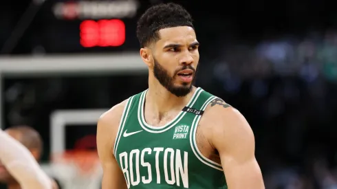 Jayson Tatum #0 of the Boston Celtics celebrates after a play against the Dallas Mavericks during the fourth quarter of Game Five of the 2024 NBA Finals at TD Garden on June 17, 2024 in Boston, Massachusetts. 
